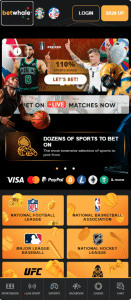 Olympics The BetWhale mobile sportsbook homepage