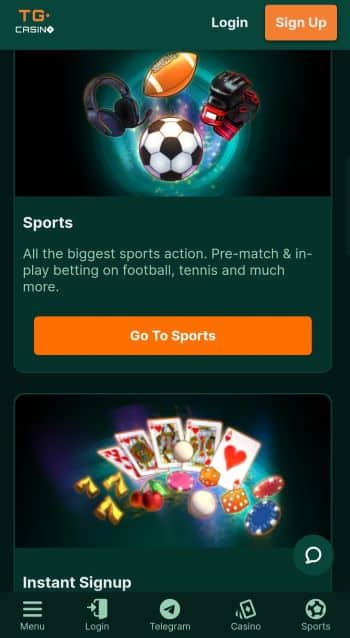 Olympics The TG.Casino mobile sportsbook homepage