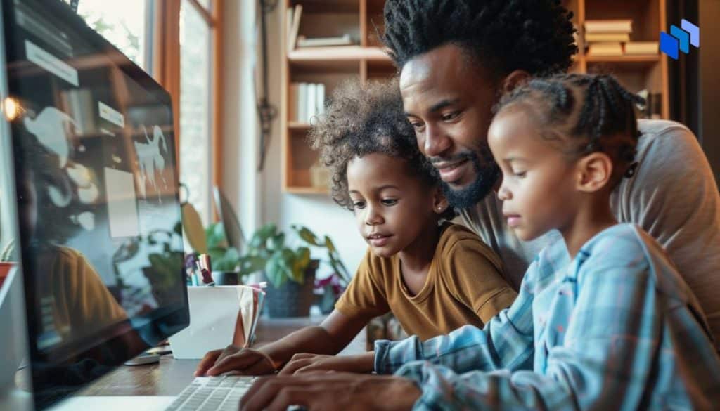 Two small children and a father sitting at a desktop computer, looking at the screen.
