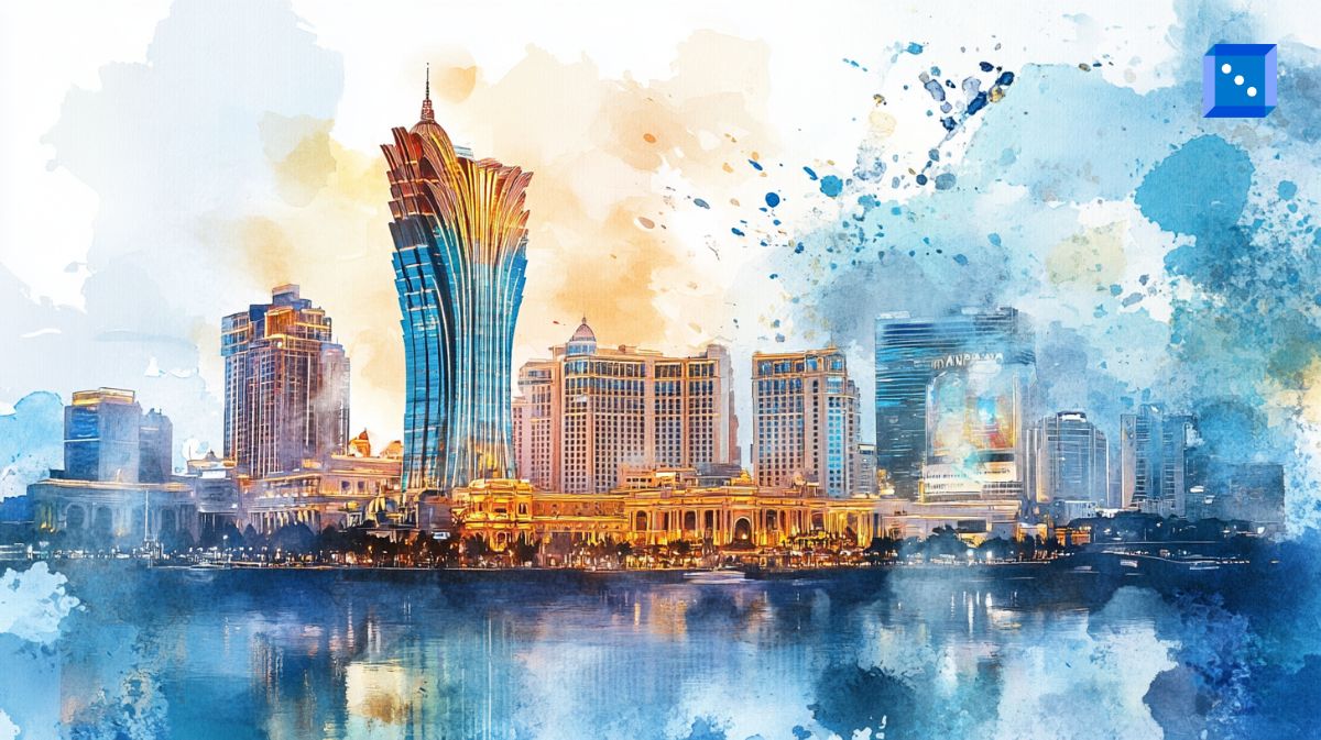 Watercolor-style illustration of Macau’s skyline, featuring the Grand Lisboa Hotel and casinos, with a reflection in the water.