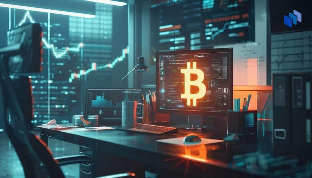 A Bitcoin on a computer screen.