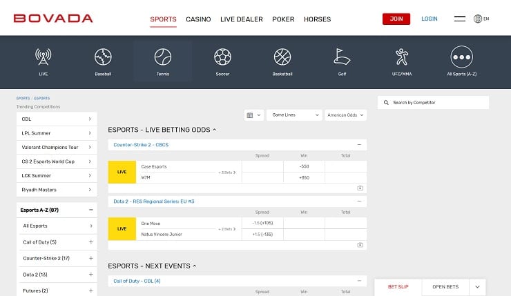 Bovada Esports Betting Site
