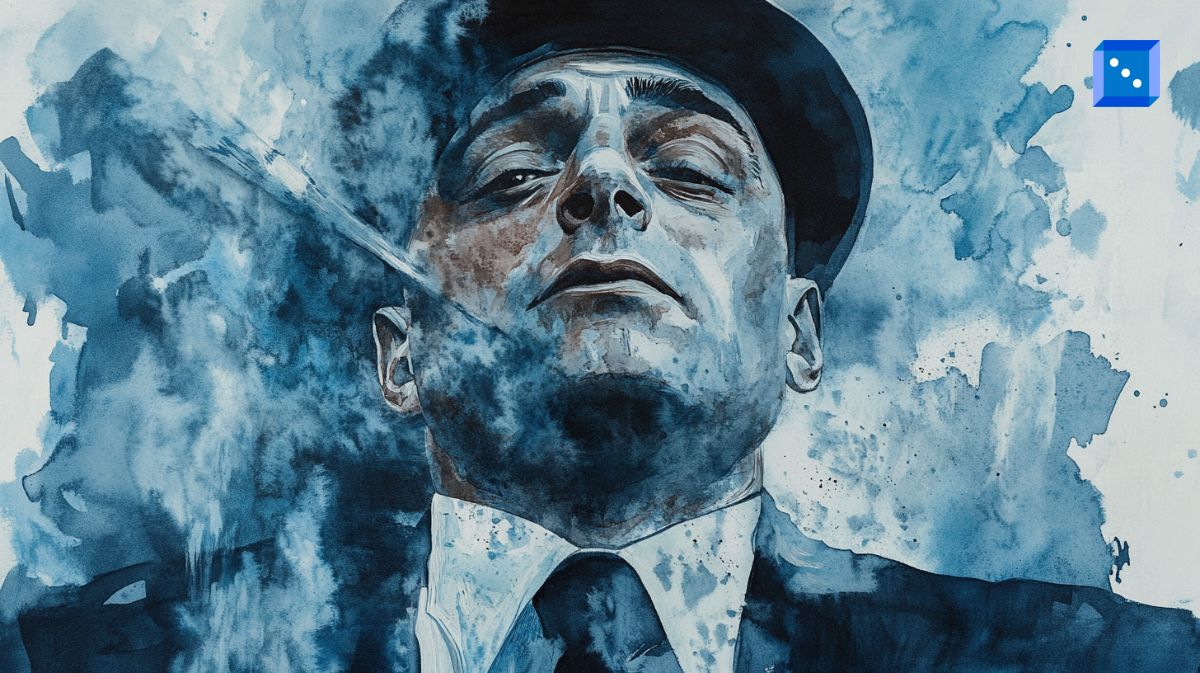 A watercolor-style digital painting of a stern-looking man wearing a fedora and suit, exhaling a stream of smoke. The artwork features deep blue tones, emphasizing the subject’s sharp facial features and intense expression. The background consists of abstract splashes, enhancing the dramatic and noir-like aesthetic.”