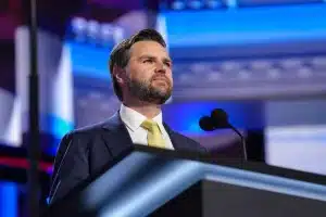 J.D. Vance_ Trump's vice presidential running mate_ stands at a podium during a walkthrough for the 2024 Republican National Convention in Milwaukee