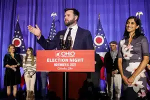Republican U.S. Senate candidate J.D. Vance speaks to supporters with wife Usha Vance and family