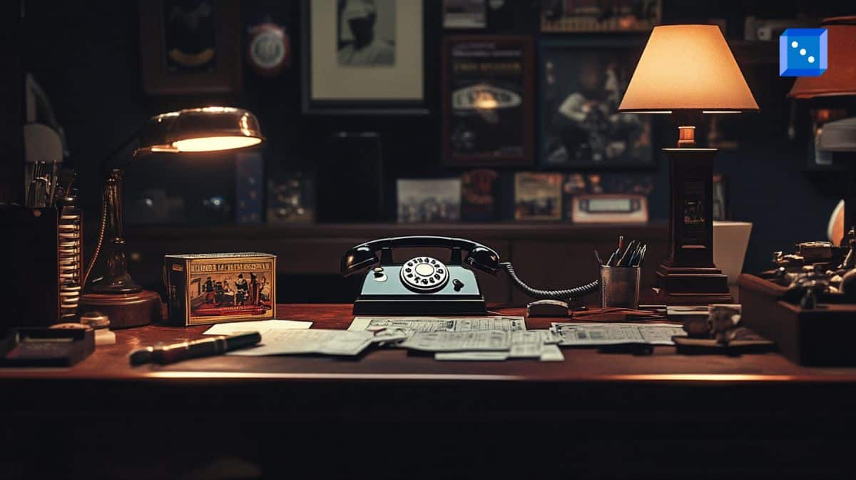 A dimly lit vintage office scene featuring a wooden desk with a classic rotary telephone at its center. The desk is cluttered with papers, a fountain pen, and an old-fashioned cigar box with an illustrated label. Two table lamps cast a warm glow over the space, highlighting antique décor and framed pictures on the walls in the background. The setting exudes a nostalgic, mid-20th-century detective or journalist’s workspace ambiance.