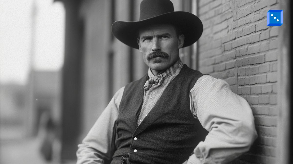 A black and white portrait of a rugged cowboy with a thick mustache, wearing a wide-brimmed hat, a buttoned vest, and a bow tie. He leans casually against a brick wall, evoking the classic Old West era.