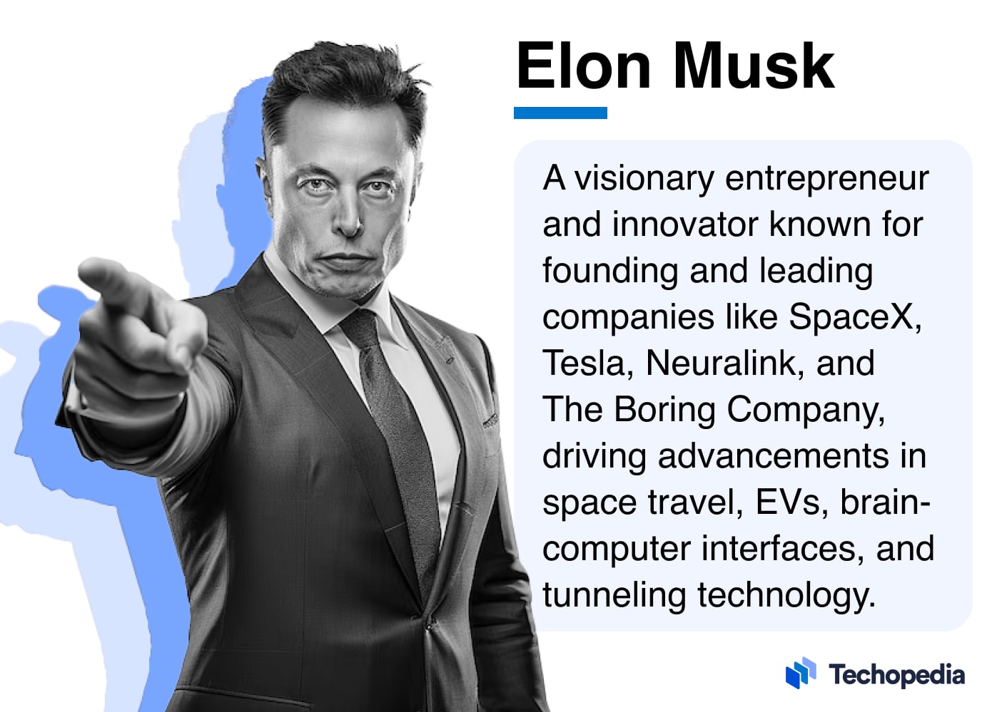 Elon Musk pointing towards the viewer, accompanied by a description of his achievements as a visionary entrepreneur and leader of companies like SpaceX, Tesla, Neuralink, and The Boring Company.