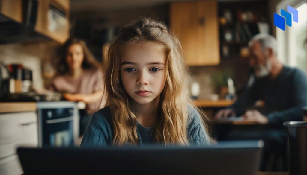 child at kitchen table on laptop while parents are in the background of the kitchen