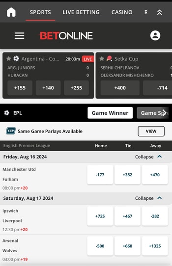 BetOnline Premier League Betting Site