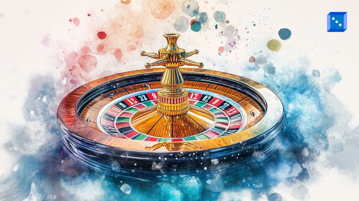A vibrant watercolor-style illustration of a roulette wheel with a golden spindle, surrounded by splashes of blue, red, and yellow hues, evoking a dynamic and artistic casino atmosphere.