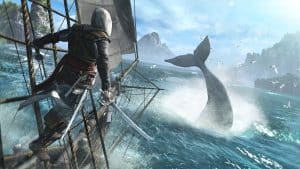 Edward Kenway sailing across the high seas, sword in hand