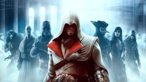 Ezio stands in front of a band of assassins making up the brotherhood