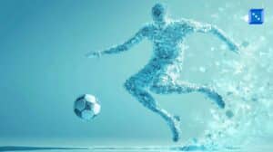 A futuristic digital artwork of a soccer player made of shimmering, pixelated light, dynamically kicking a soccer ball, symbolizing AI and technology in football analytics.