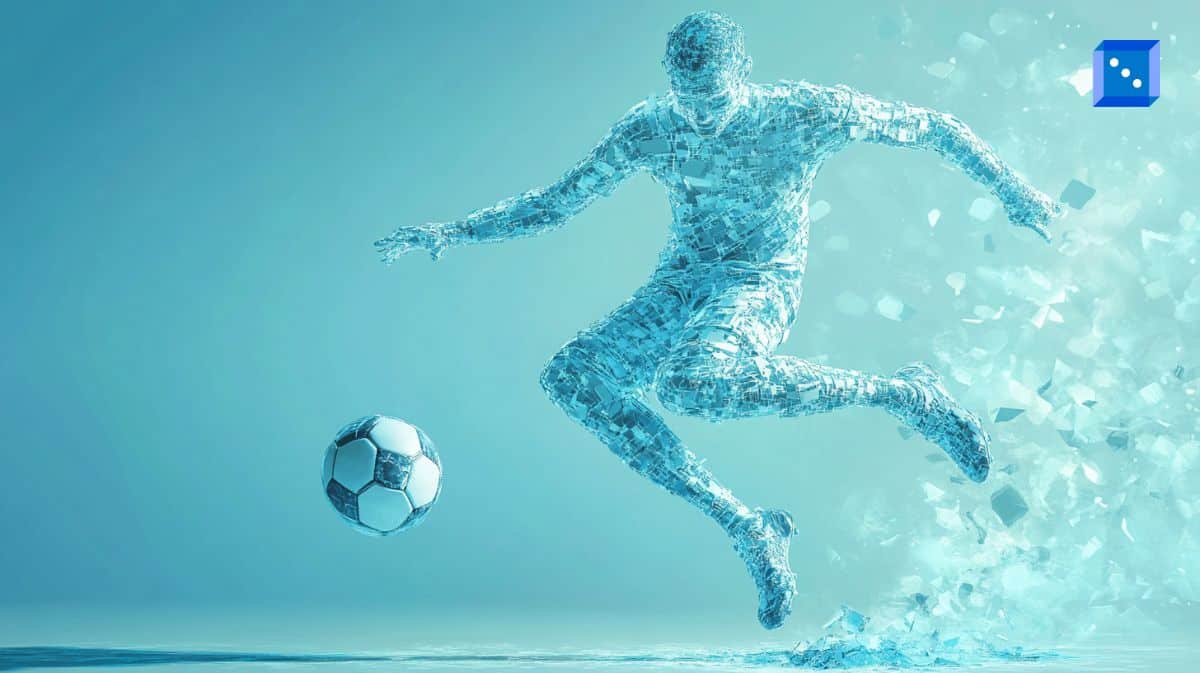 A futuristic digital artwork of a soccer player made of shimmering, pixelated light, dynamically kicking a soccer ball, symbolizing AI and technology in football analytics.