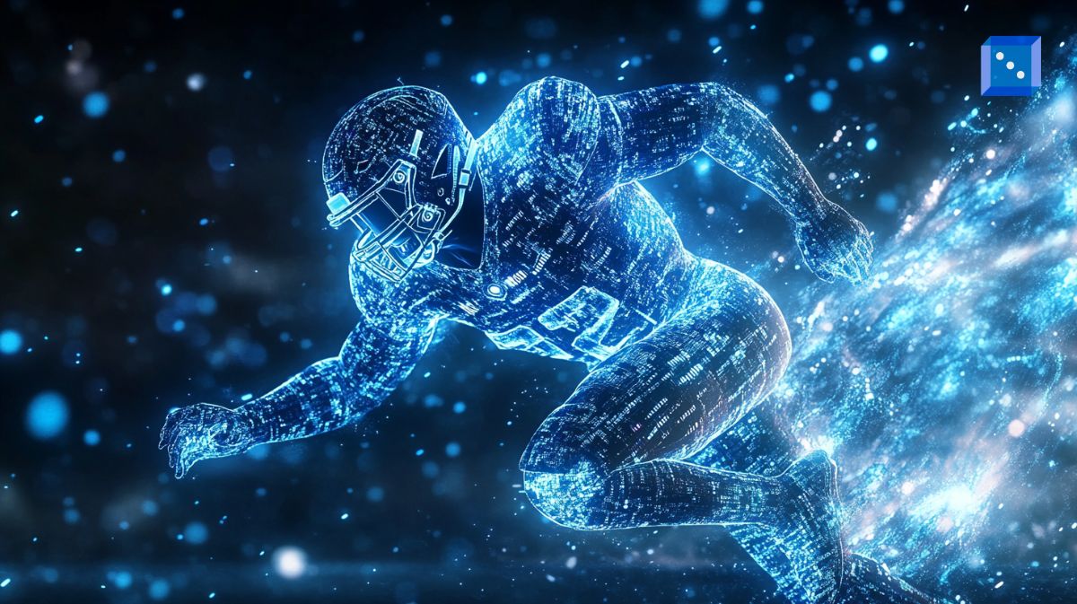 A futuristic, glowing blue digital rendering of an American football player, symbolizing AI-powered fantasy football coaching and analytics.
