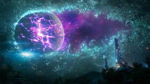 The moon from Borderlands 3 appears near a rift in space, sending meteors down