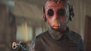 Waka holding a blaster pistol in Star Wars Outlaws cutscene. 