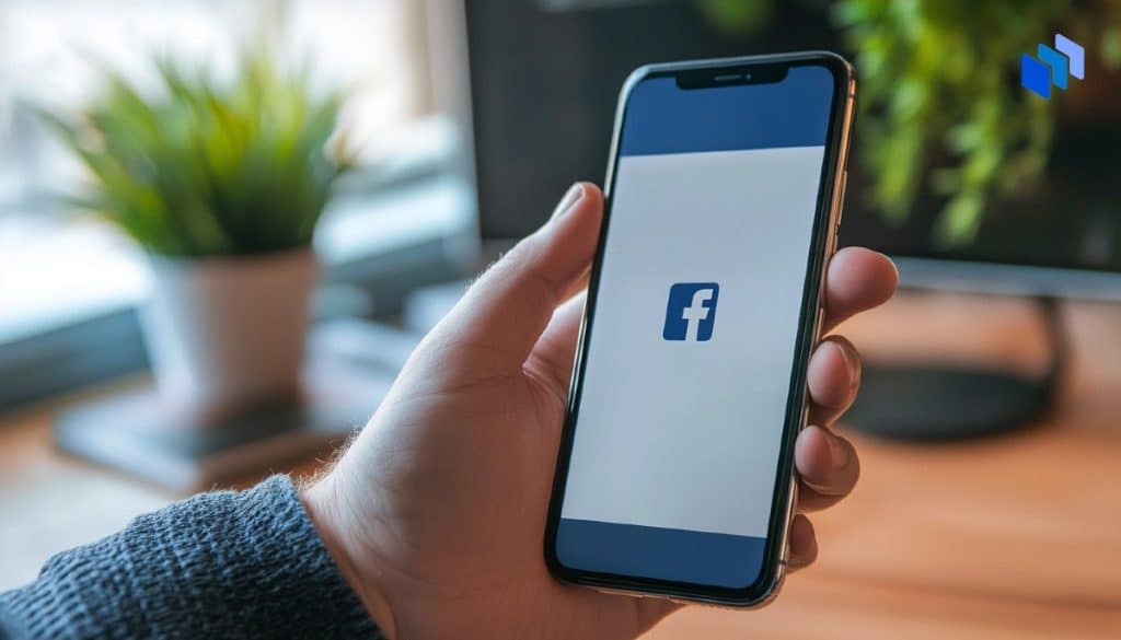 A person holding a phone with the facebook logo on the screen