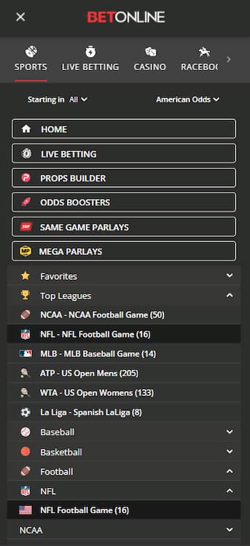 Navigate to the Sportsbook's NFL Betting Section