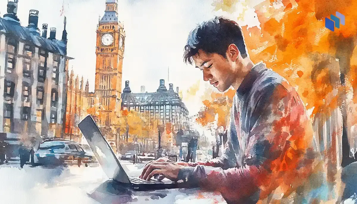 A young man working on a laptop with Big Ben in the background in London