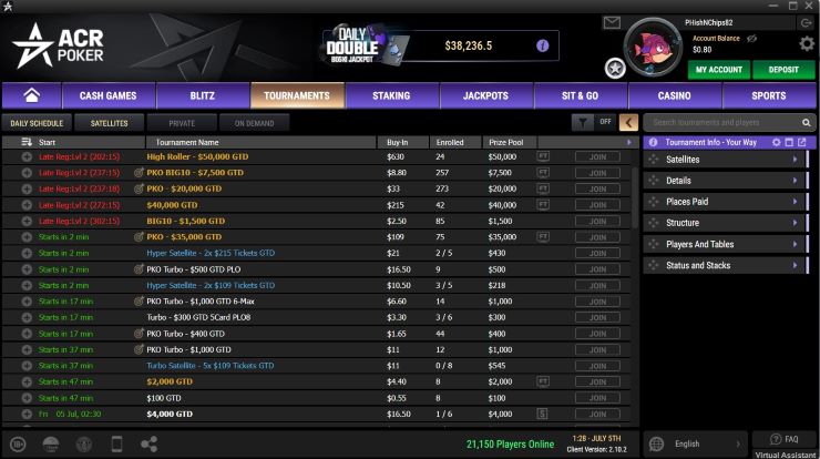 ACR Poker Review The ACR Poker schedule as displayed in the lobby on desktop
