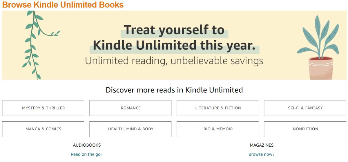 The Amazon U.S. Kindle Unlimited homepage.