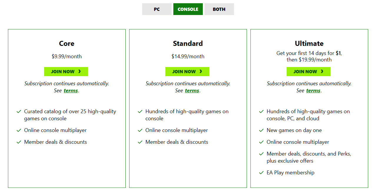 The three tiers of Xbox Game Pass available on Xbox consoles.
