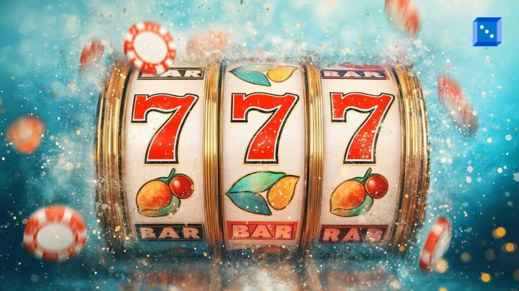 A close-up of a vintage slot machine with three spinning reels landing on a winning combination of triple red sevens (777). Gold-trimmed edges and classic fruit symbols, including lemons and cherries, add a nostalgic touch. Red casino chips fly around in mid-air, enhancing the excitement of the jackpot moment.