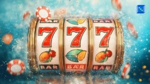 A close-up of a vintage slot machine with three spinning reels landing on a winning combination of triple red sevens (777). Gold-trimmed edges and classic fruit symbols, including lemons and cherries, add a nostalgic touch. Red casino chips fly around in mid-air, enhancing the excitement of the jackpot moment.