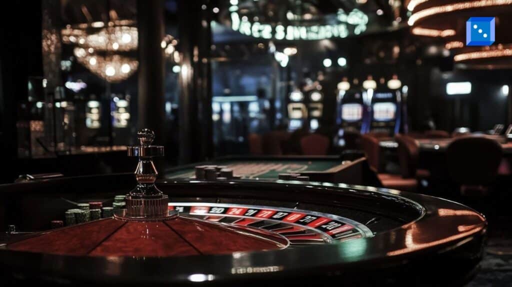 A dimly lit casino scene featuring a luxurious roulette table in the foreground with stacks of poker chips neatly placed. In the background, slot machines and gaming tables glow under warm, ambient lighting, creating an atmosphere of high-stakes gambling.