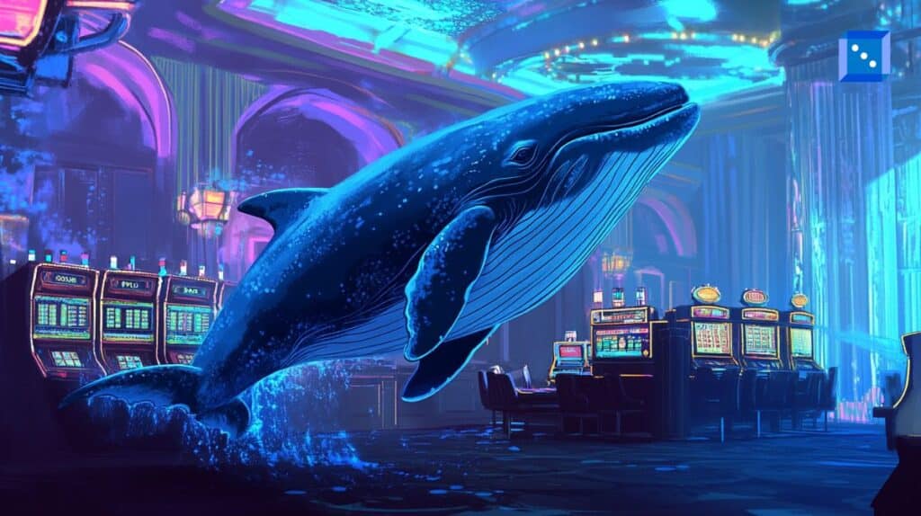 A surreal neon-lit casino scene featuring a massive glowing blue whale emerging from the floor, surrounded by slot machines and chandeliers in a futuristic setting.
