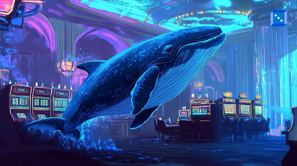 A surreal neon-lit casino scene featuring a massive glowing blue whale emerging from the floor, surrounded by slot machines and chandeliers in a futuristic setting.