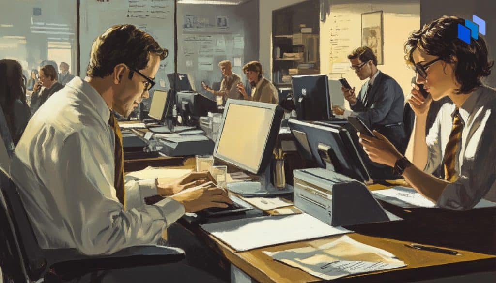 Employees in an office space. Some are using their phones