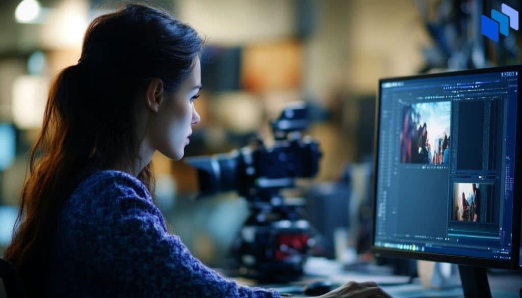 Woman sitting at desk in photography studio