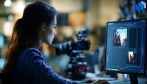 Woman sitting at desk in photography studio
