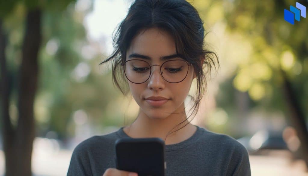 Image of young woman outdoors holding her mobile and looking at screen