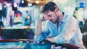 A watercolor painting of a distressed man sitting at a casino table, his head resting on his hand. He wears a light blue button-up shirt, and poker chips are scattered in front of him. The blurred background of a casino with bright lights and slot machines enhances the atmosphere of loss and despair.