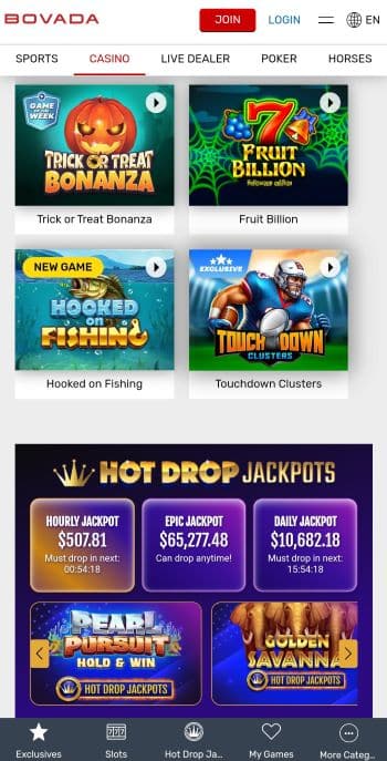 Casinos Like Chumba - The Bovada casino site as viewed on an Android mobile