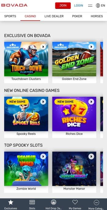 Casinos like Luckyland Slots - The Bovada mobile site as viewed on an Android device