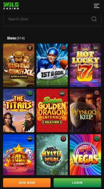 Casinos like Luckyland Slots - The Wild Casino mobile site as viewed on an Android device