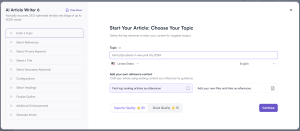 Writesonic lets you choose a topic and region for keywords