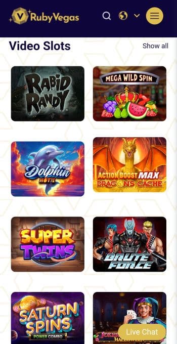Planet 7 Sister Casinos The Ruby Vegas homepage as seen on a mobile device