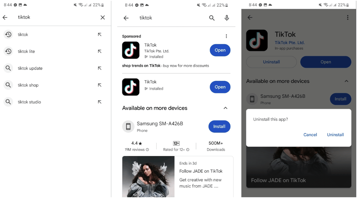 Screenshots of the steps required to remove TikTok on an Android device.