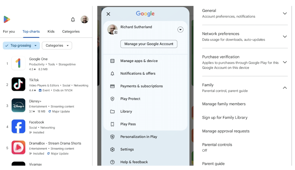 Screenshots of the steps to follow to open parental controls on an Android device.