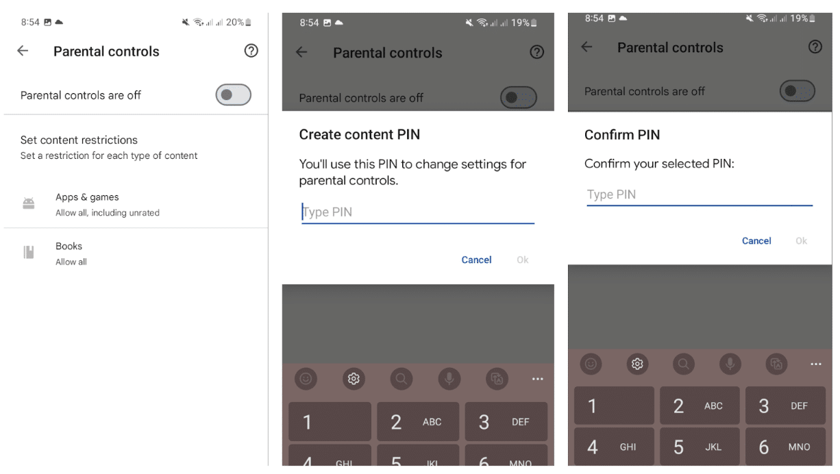 Screenshots of the steps required to enable parental controls on an Android device.