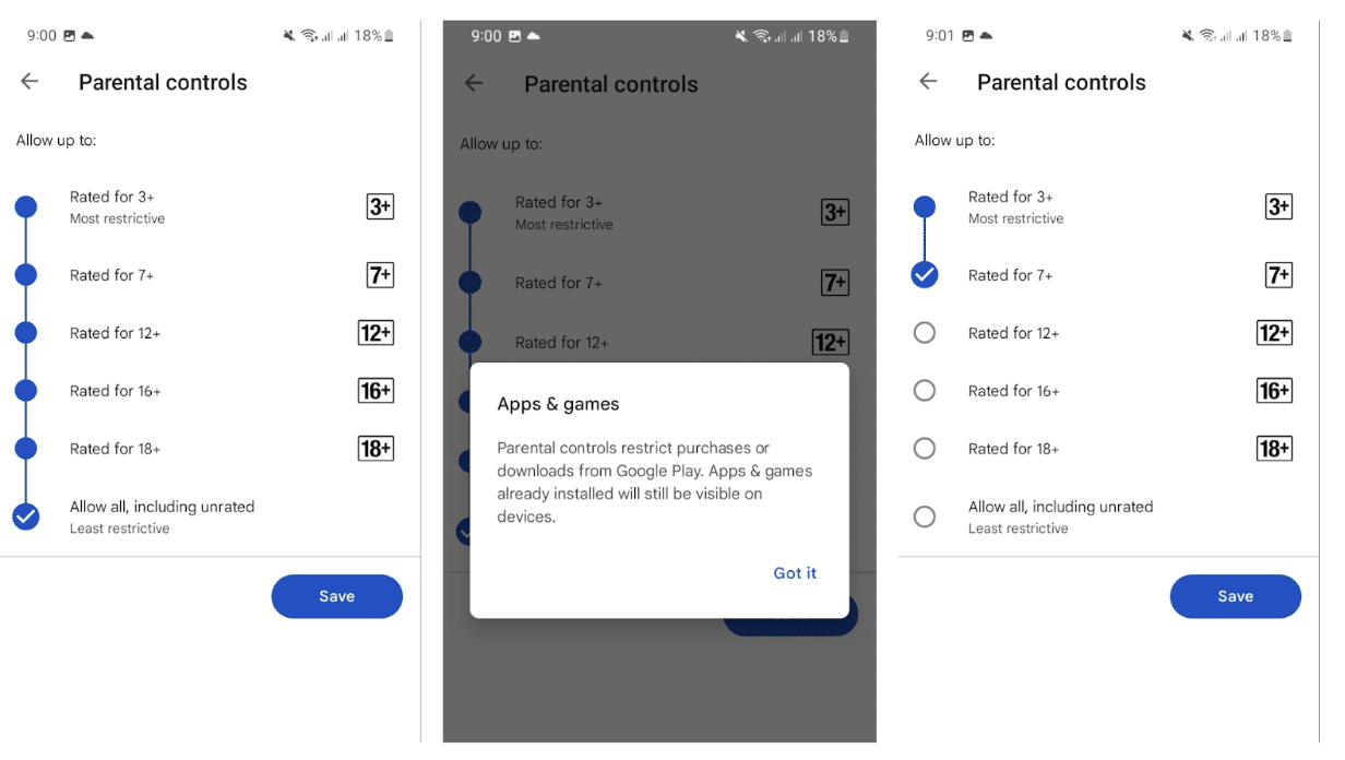 Screenshots of the steps to follow to set parental control limits on apps on an Android device.