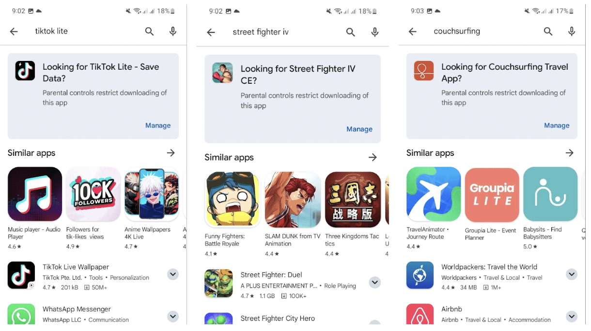 Screenshots of the Play Store with parental controls enabled showing apps being blocked on an Android device.