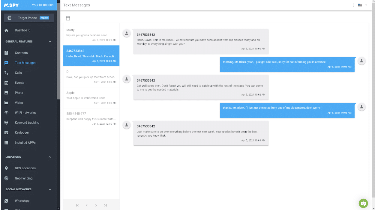 Screenshot of mSpy's control panel, showing a text message conversation being monitored on a remote iPhone device.