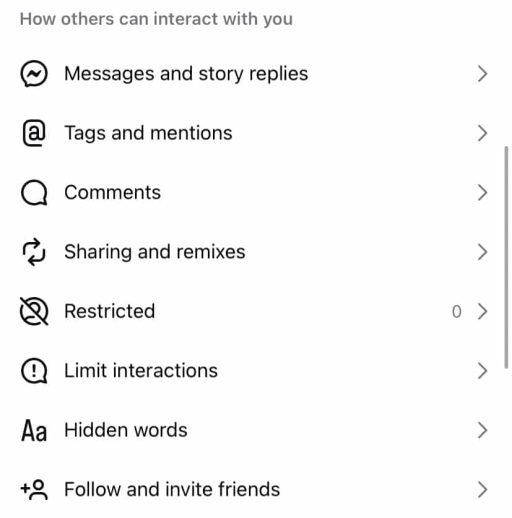 A Screenshot of the How Others Can Interact With You Menu on Instagram